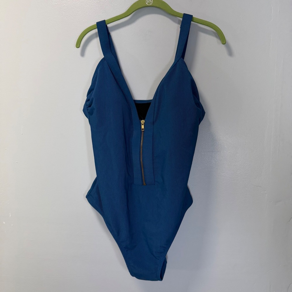 Kona Sol‎ Womens XL Blue Ribbed Front Zip One Piece Swimsuit Adjustable Straps